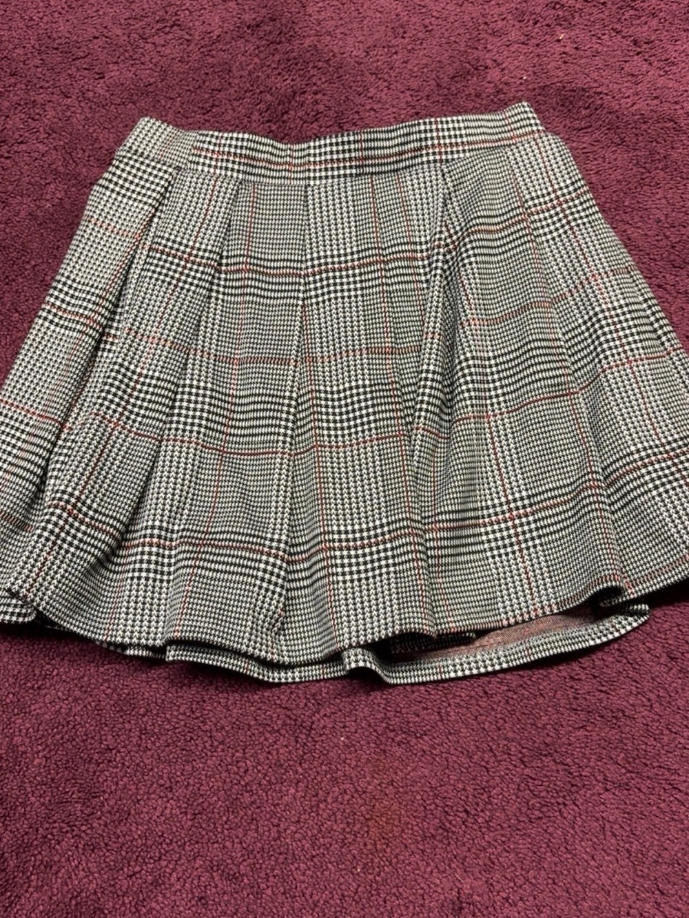 Plaid Pleated Skater Skirt in Black, White & Red Accent